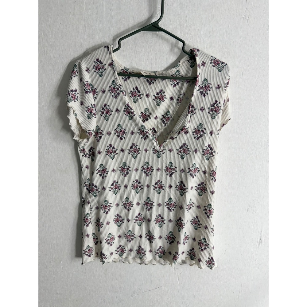 Laura Ashley Floral Ribbed V-Neck Top XL White Pink Cottagecore Lettuce Edge